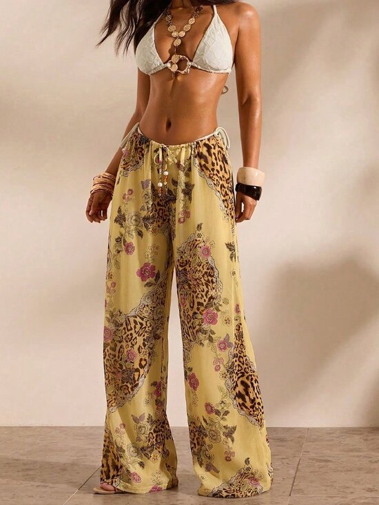 Pants - Multicolor Women's Floral Print Casual Vacation Cover-Up sheer Pants